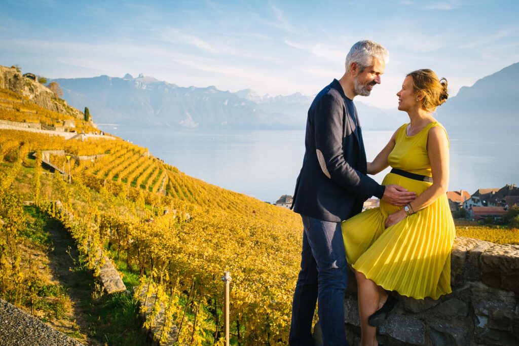 Maternity photos in autumnal yellow vineyards
