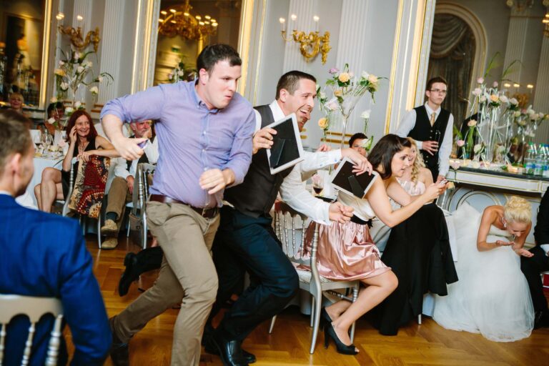 Players race at a wedding reception game