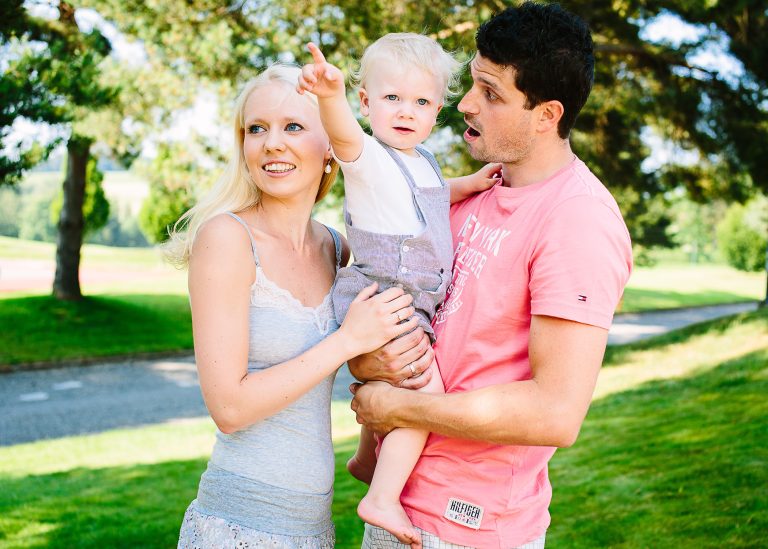 Family photos in the grounds of a golf course